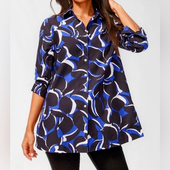 Chico's Tops - 16 Chico's Black Blue White Print Button Front Tunic Top